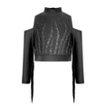 thumbnail image 3 of Runhomal Latin Dance Shirts for Girls Long Sleeve Cold Shoulder Tassels Dance Performance Crop Top Black 6, 3 of 5