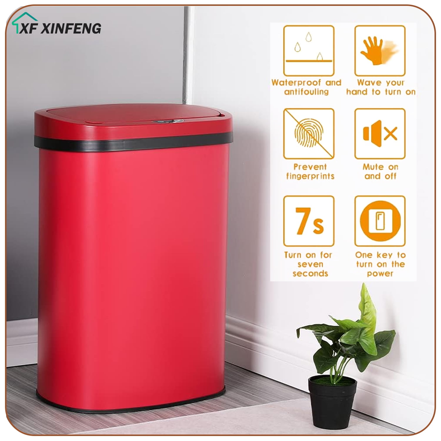 XF XINFENG 13 Gallon Kitchen Trash Can with Lid Stainless Steel Automatic Garbage Can for Bathroom Bedroom Home Office,Red