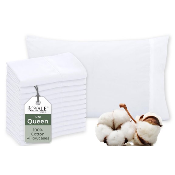 Royale Linens White Cotton Pillow Cases Queen Size Set of 12 - Bed Pillow Covers - 100% Cotton Pillowcases - Soft & Cooling - Envelope Closure - Hotel Quality Bulk Pillowcases 20" x 30"