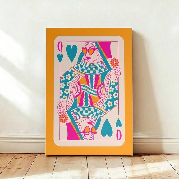 Queen of Hearts Playing Card Wall Art Poster, Bright Retro Colorful Trendy Queen Card Canvas Print, Fun Dorm Bedroom Apartment Home Wall Decor