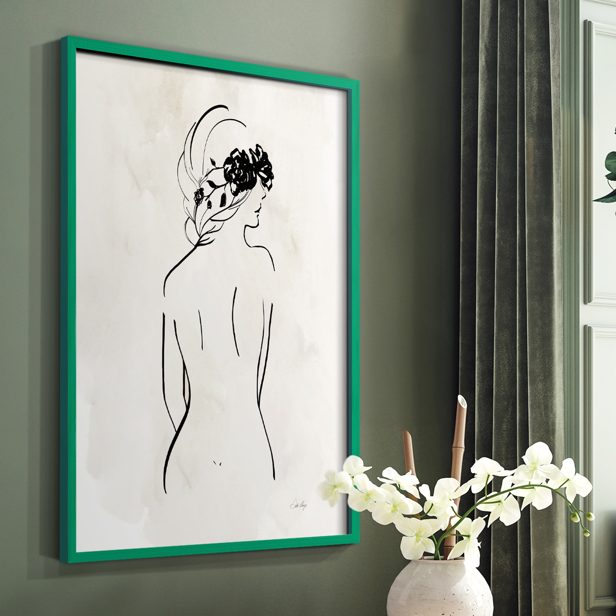 Romantic Line Art I in Green Solid Wood 8 x 10 Framed Print