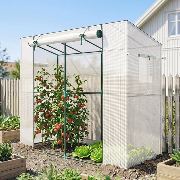 Outsunny 6.6' x 2.5' x 5.6' Lean-to Small Greenhouse for Outdoors with UV-resistant PE Cover, Walk-in Portable Greenhouse with Roll-up Door, White