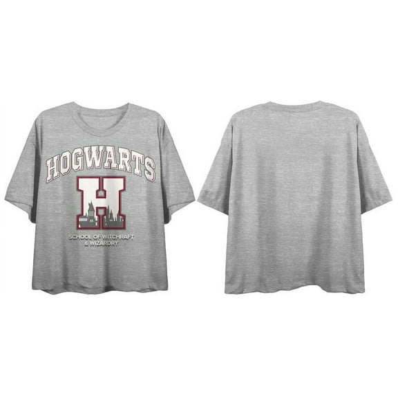 Harry Potter Hogwarts School of Witchcraft and Wizardry Women's Heather Gray Crop Tee-XL