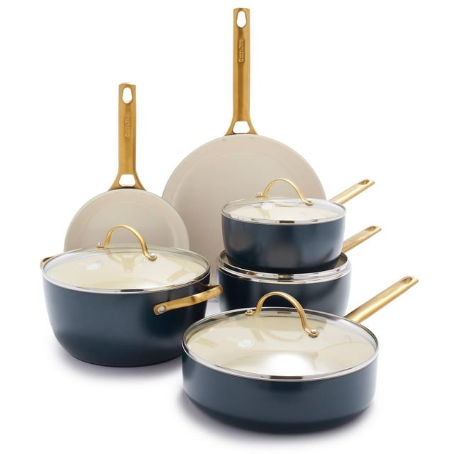 Juego de ollas y sartenes GreenPan Reserve de cerámica antiadherente anodizada dura de 10 piezas, con asas de acero inoxidable dorado, sin PFAS ni PFOA, apto para lavavajillas, horno y asador, color a