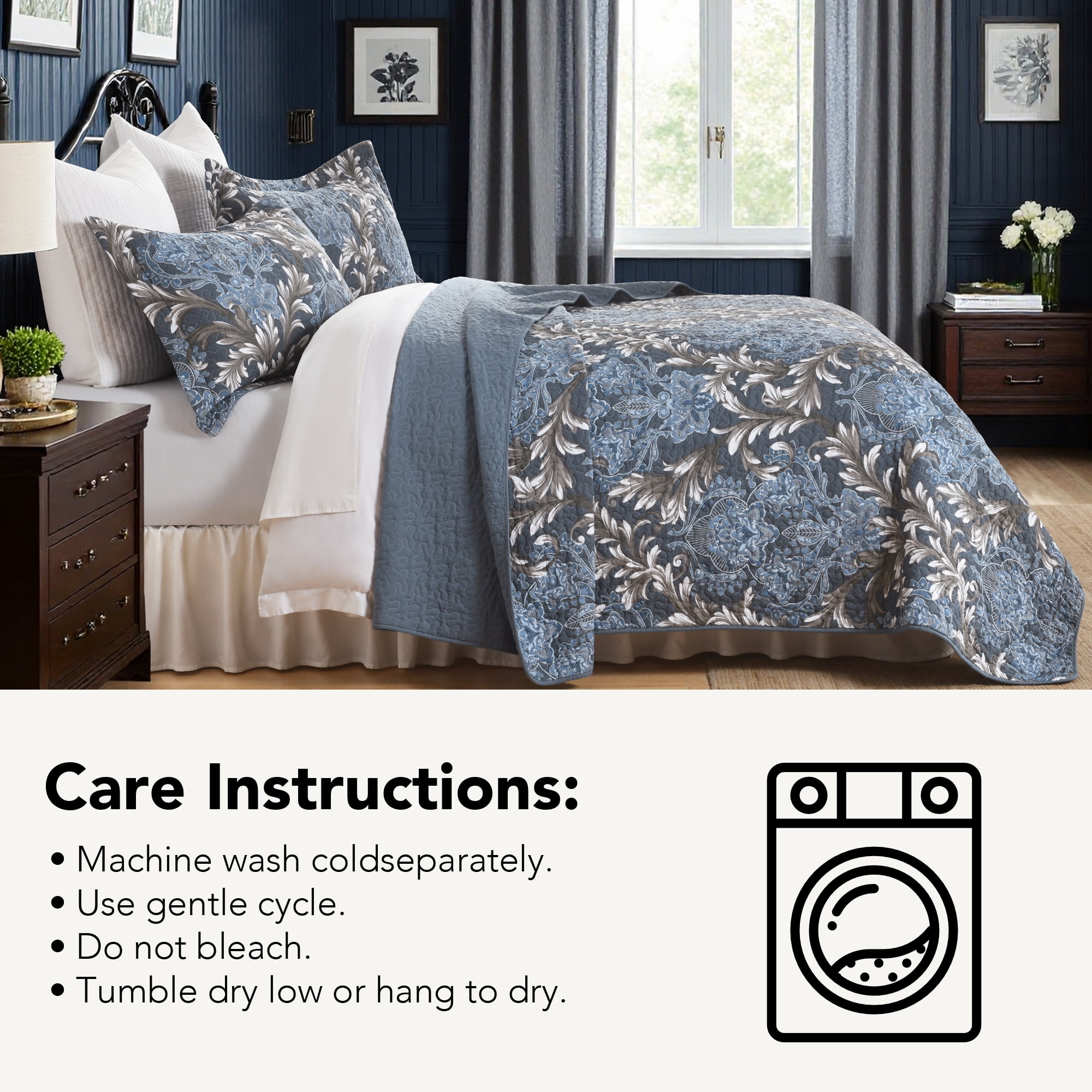 BCOTTOND Floral Quilt Set Queen Size- 100% Cotton Pre-Washed Luxury Coverlet with 2Pillow Shams - Reversible Dimensional Botanical Bedspread(Blue/Grey)