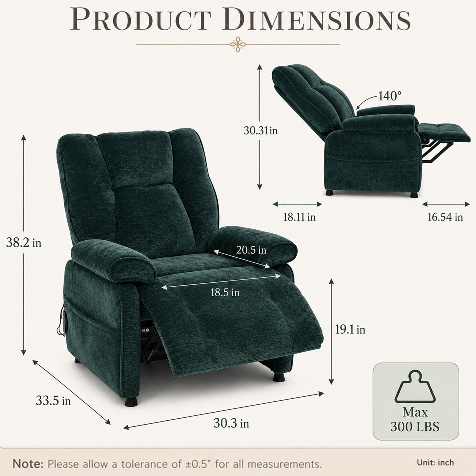 Leumius Recliner Chair, Ergonomic Tufted Cushion Single Recliner with Chenille Fabric, Side Storage Pocket, Anti-Slip Wooden Legs, 300lbs Capacity for Living Room Bedroom Gaming Lounge,Blackish Green