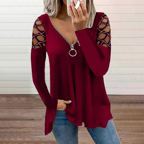 Womens Tops Lady's Tops V Neck Hollow Sleeve Rhinestone Solid Blouse Tunic T-Shirt Womens Tops Dressy Casual