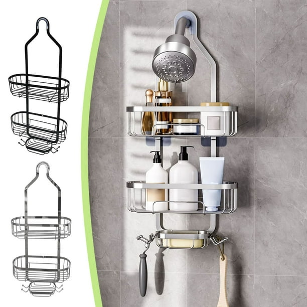 Organizador de ducha colgante de acero inoxidable de 3 niveles con jabonera y ganchos - Organizador para colocar sobre el cabezal de la ducha para champú, toallas, esponja, almacenamiento de baño