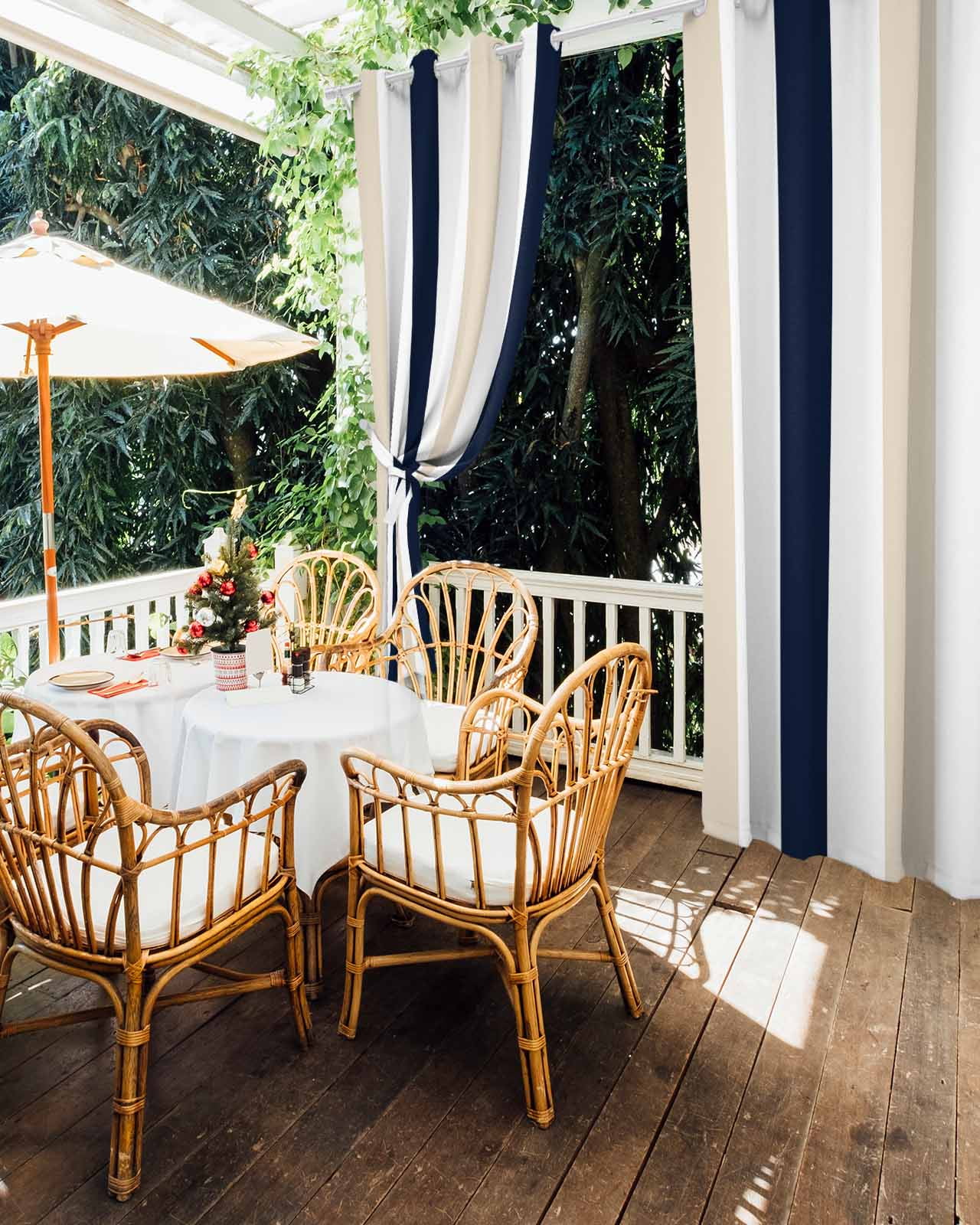 Beige Navy Blue Striped Outdoor Curtains for Patio, Farmhouse Stripe Art Privacy Drapes Grommet Waterproof Outside Curtains for Porch/Cabana/Balcony 54"x 84", 2 Panel