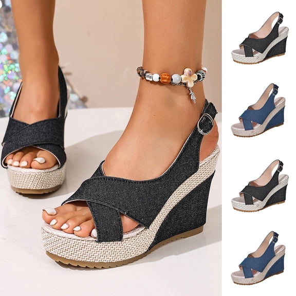 Miluxas Women's Platform Wedges Sandals Open Toe Buckle Slingback Espadrilles Cross Band Slip-on High Heels Blue 9.5(43)