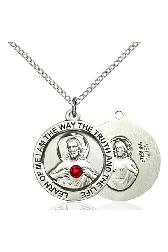 Sterling Silver Scapular Pendant with 3mm July Red Swarovski Crystal 3/4 x 3/4 inches