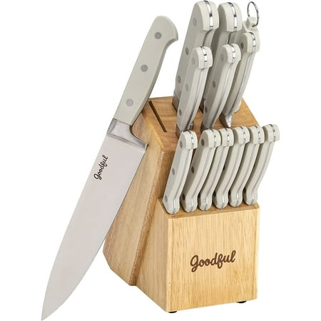 

Goodful 14 Piece Knife Block Set High Carbon Stainless Steel Blades Cutlery Full Tang Triple Riveted Handles Cream