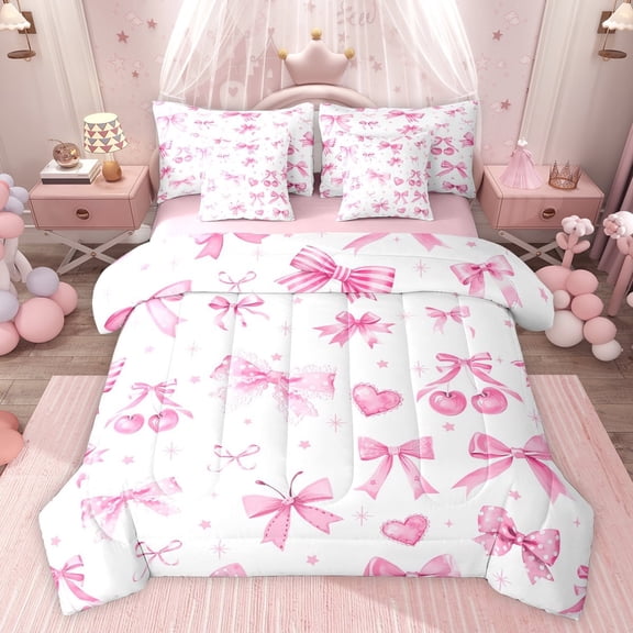 Castle Fairy Kids Kawaii Cherry Bow Twin Bedding Sets,Dreamy Bowknot Bedding Comforter Set