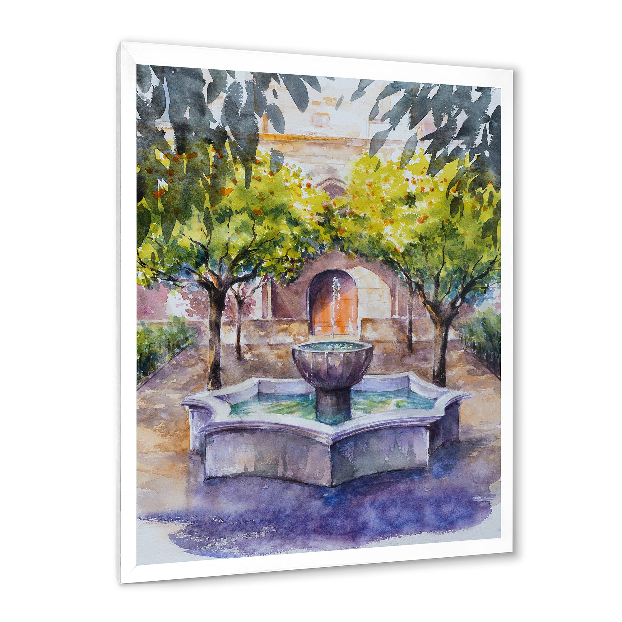 Designart 'Small Fountain With Trees In The Village House' Country Framed Art Print