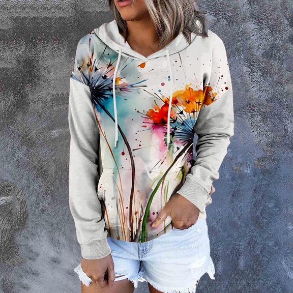 Women Casual Autumn Winter Fashion Print Drawstring Hoodie Sweatshirt Funny Print Sweatshirt Thin Womens Dress Jacket Zipper Hoodies Women Zipper Tunic Women Zip Hoodie Dress Long Womens Hoodie