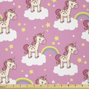 Nursery Fabric by The Yard, Unicorns Standing Clouds Rainbows and Stars on a Pink Skyline Print, Stretch Knit Fabric for Clothing Sewing and Arts Crafts, 3 Yards, White Pink, by Ambesonne