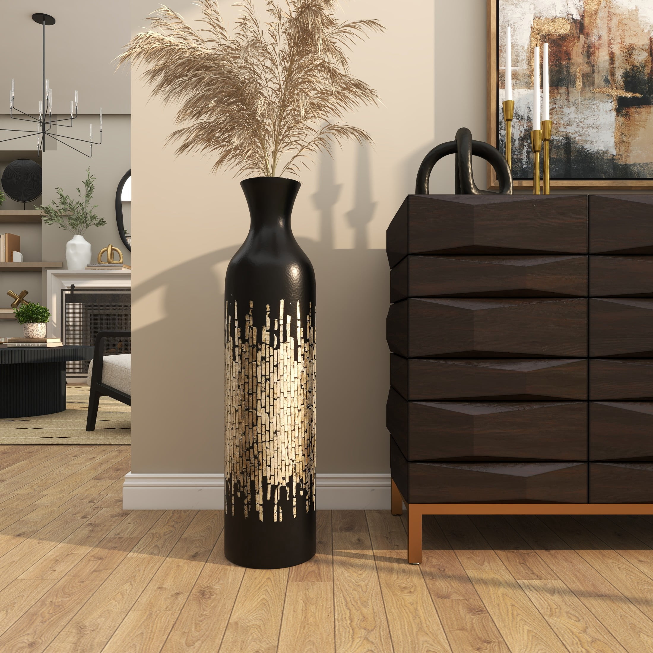 DecMode 34" Handmade Mosaic Shell Inlay Gold Mother of Pearl Shell Vase with Black Bamboo Base