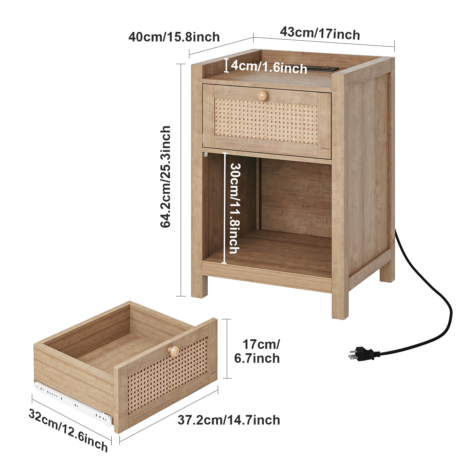 LGHM Nightstand Set of 2 with Charging Station, Farmhouse Bedside Tables Night Stands with Drawer, Boho Side Tables for Bedroom, Living Room, Oak