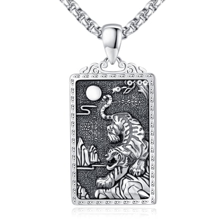 TRISHULA 925 Sterling Silver 3D Tiger Pendant Necklace, Retro Hip Hop Animal Jewelry Gift for Men Women