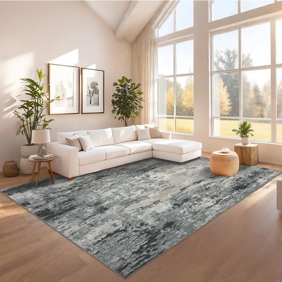 Tapis Moderne Abstrait – Grand, Lavable, Doux, Antidérapant, à Poils Courts pour Salon, Chambre, Chambre de Bébé – Résistant aux Traces, Facile à Nettoyer, Pliable, Sans Perte de Fibres – Gris, 10x13 Pieds (305x396cm)