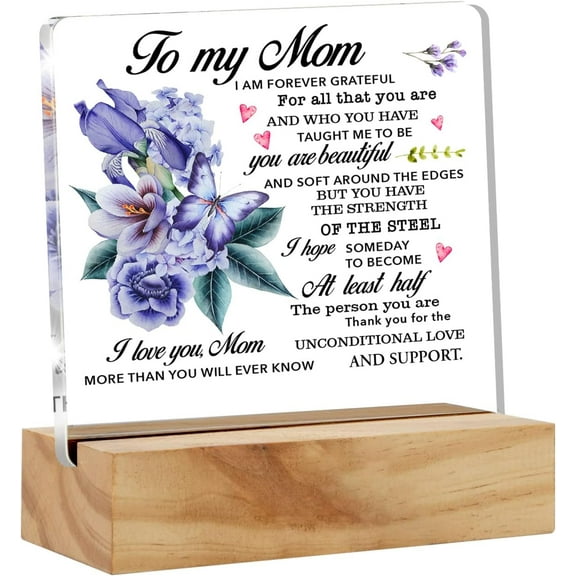 Mom Gift From Daughter Son, Beautiful I Love You Mom More Than Desk Decor Floral Butterflies Mom Acrylic Desk Plaque Sign with Wood Stand Home Office Desk Sign Keepsake