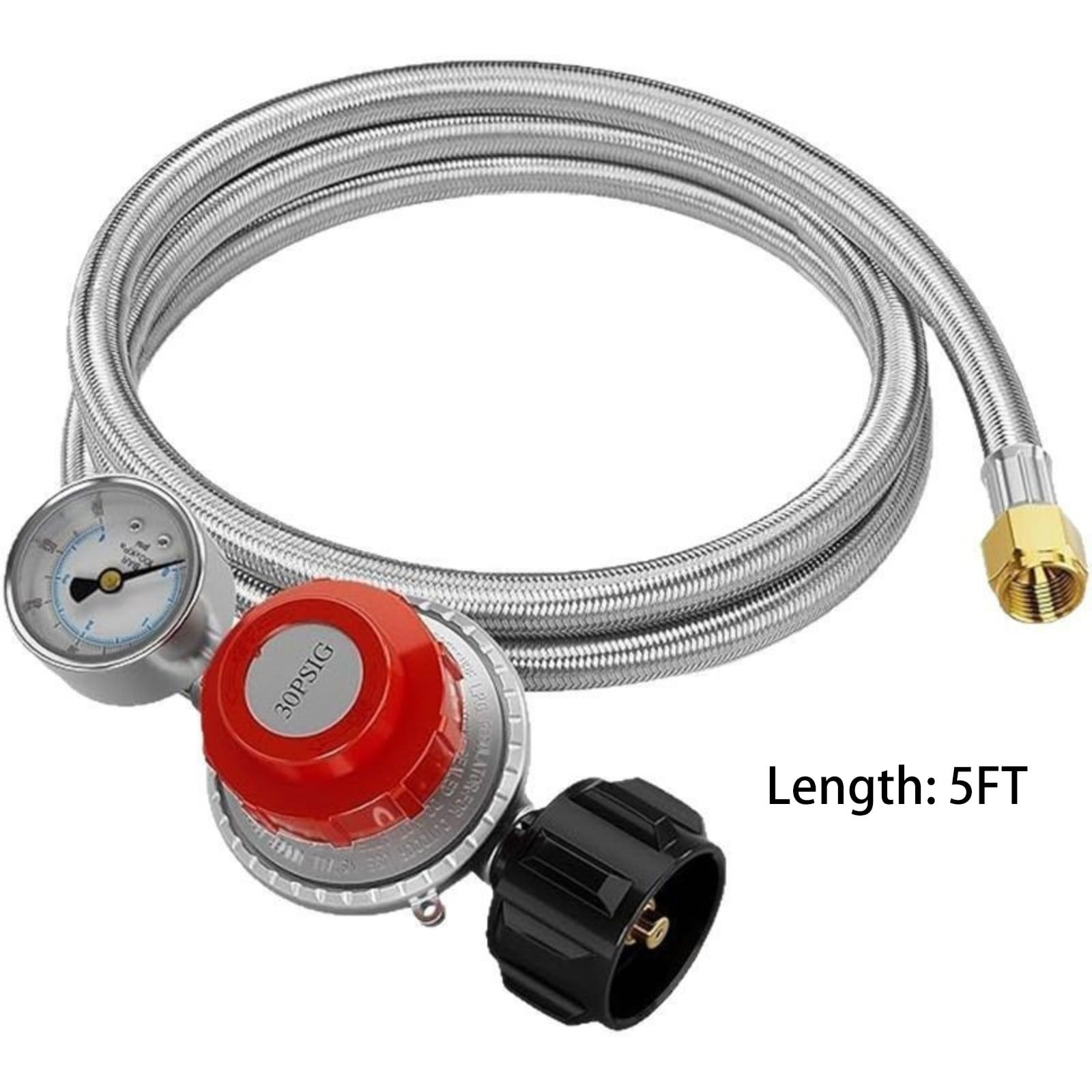 GBAYXJ 5FT High Pressure Propane Regulator Hose With Gauge 0~30 Adjustable Propane Tank Regulator Stainless Fit For Turkey Fryer，Fish Fryer，Propane Burner，Fire Forge And Stainless steel(A)