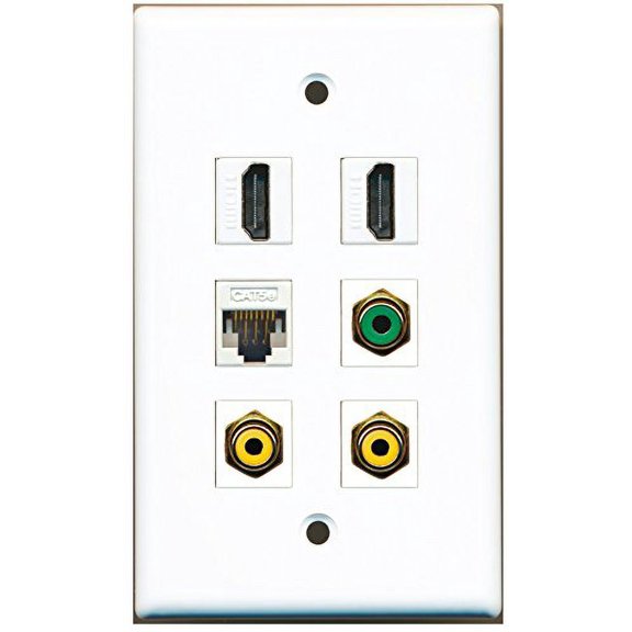 RiteAV - 2 HDMI 2 Port RCA Yellow 1 Port RCA Green 1 Port Cat5e Ethernet White Wall Plate