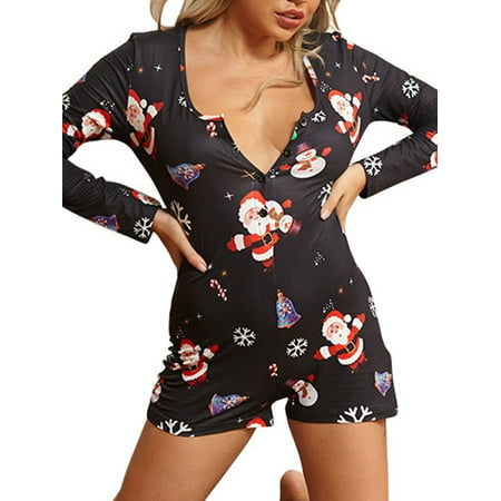 

Spring hue Women Pajamas Romper Long Sleeve Button Front Deep V Neck Christmas Print Short Jumpsuit