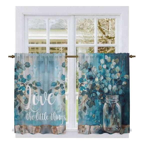 Blue Teal Spring Floral Tier Curtains, Modern Botanical Oil Painting Art Light Filtering Kitchen Curtains, 2Pcs Rod Pocket Half Window Treatments Panels for Sink Cafe Cabinet Basement 27.5x45 Inches