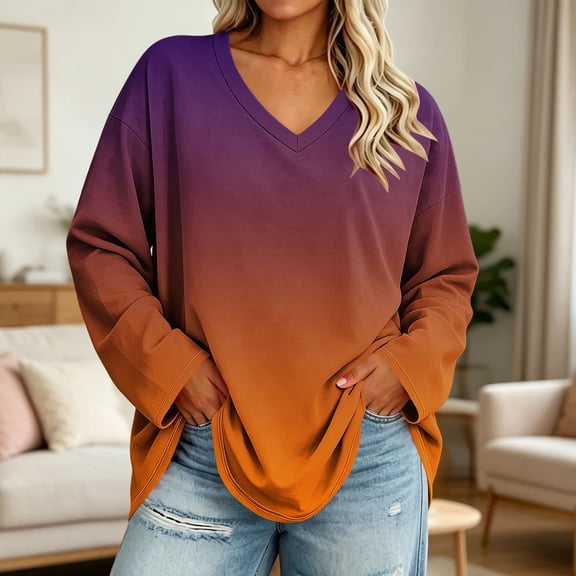 CLOISE Womens Tunic Tops Plus Size V Neck Casual Pullover Gradient Long Sleeve Shirts Fall Loose Clothing Orange 4XL
