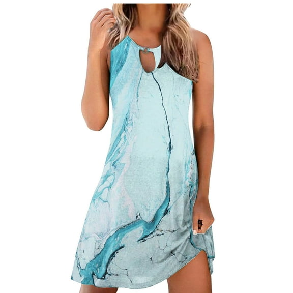 Tank Dress for Women Casual Keyhole Tshirt Dress Vintage Leaf Print Dress Round Neck Sleeveless Sundress Summer Dress
