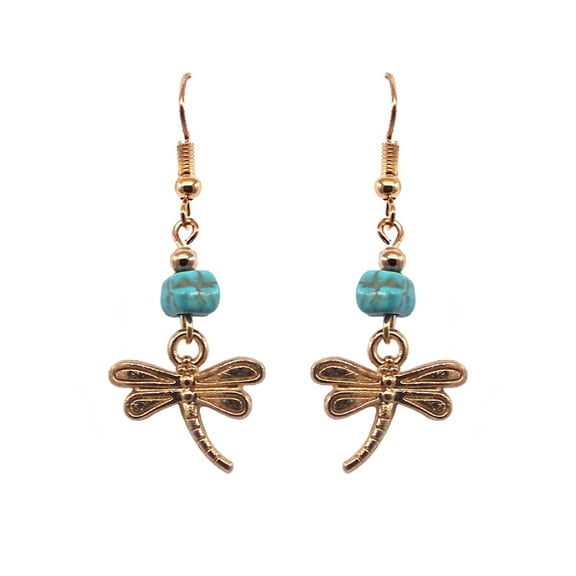 Gold Colored Dragonfly Metal Charm Chip Stone Dangle Earrings - Womens Fashion Handmade Jewelry Boho Accessories