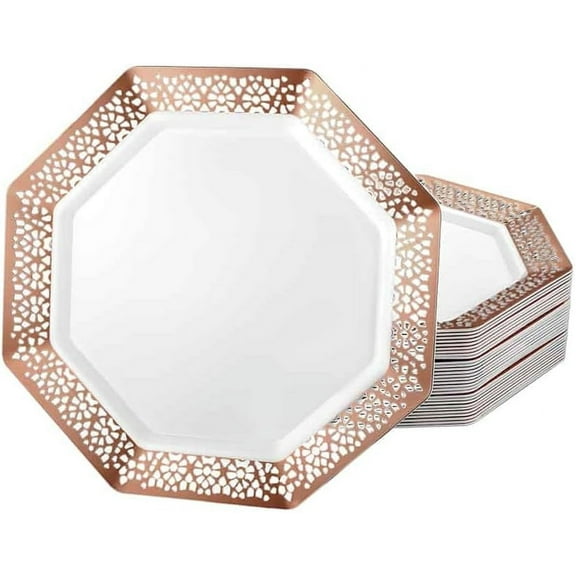 EcoQuality 9.25 Inches Rose Gold Plastic Dinner Plate Octagon Design – Elegant Disposable Dinnerware for Weddings, Parties, and Events – Durable, Stylish, and Reusable Tableware (10)
