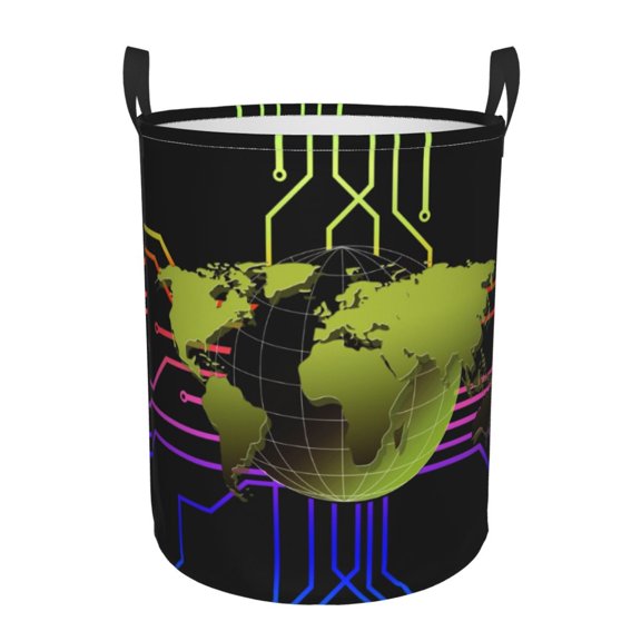 DouZhe Waterproof Collapsible Large Laundry Baskets, Binary Byte World Cyborg Prints Circular Hamper with Handles