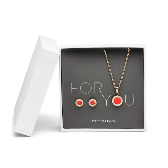 Bering Arctic Symphony For You Jewellery Set. Polished Rose Gold Stainless Steel with Red Crystal Glass Necklace and Ear Studs. 427-707-Red
