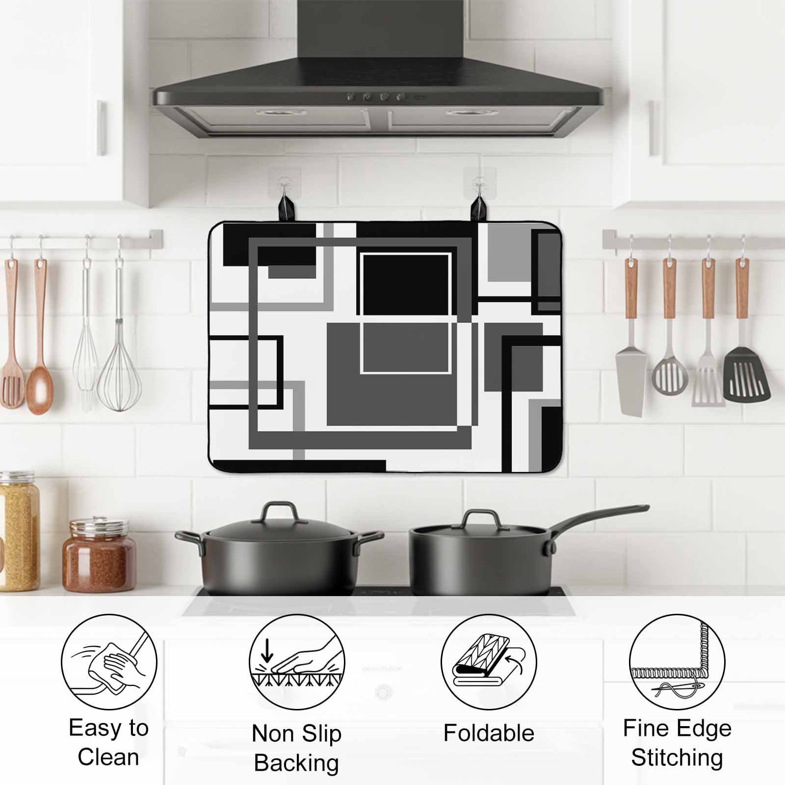 Black Grey Geometric Stove Top Cover for Electric Stove, Heat-proof & Non Slip Glass Top Stove Cover Protector, Gray Abstract Striped Art Kitchen Flat Cooktop Rubber Mat 24x21 Inches