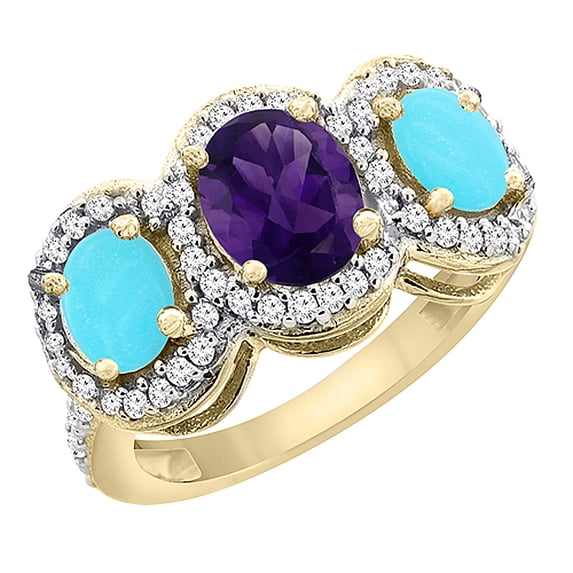 14K Yellow Gold Natural Amethyst & Turquoise 3-Stone Ring Oval Diamond Accent, size 6