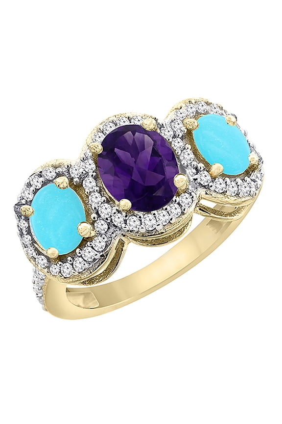 14K Yellow Gold Natural Amethyst & Turquoise 3-Stone Ring Oval Diamond Accent, size 5