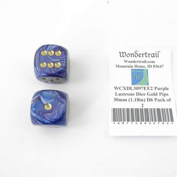 Purple Lustrous Dice with Gold Pips 30mm (1.18in) D6 Pack of 2 Wondertrail
