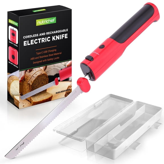 Electric Bread Knife for Carving Cooked Meats, Cooked Poultry, Bread, Crafting Foam, and More, Lightweight with Contoured Grip Handle (Red)