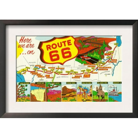 Map of Route 66 from Los Angeles to Chicago Framed Art Print Wall Art  -