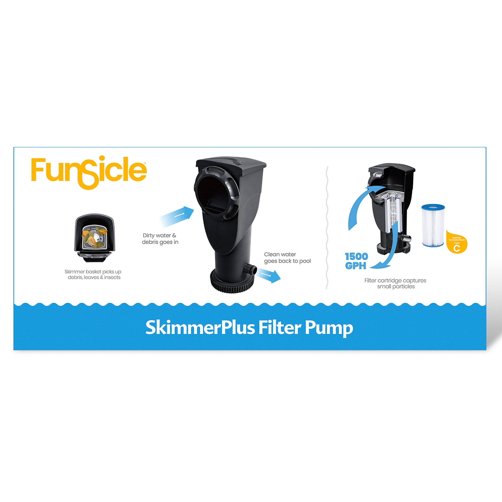 Funsicle 1500 Gallon SkimmerPlus Filter Pump for Above Ground Swimming Pool, Black, Adults