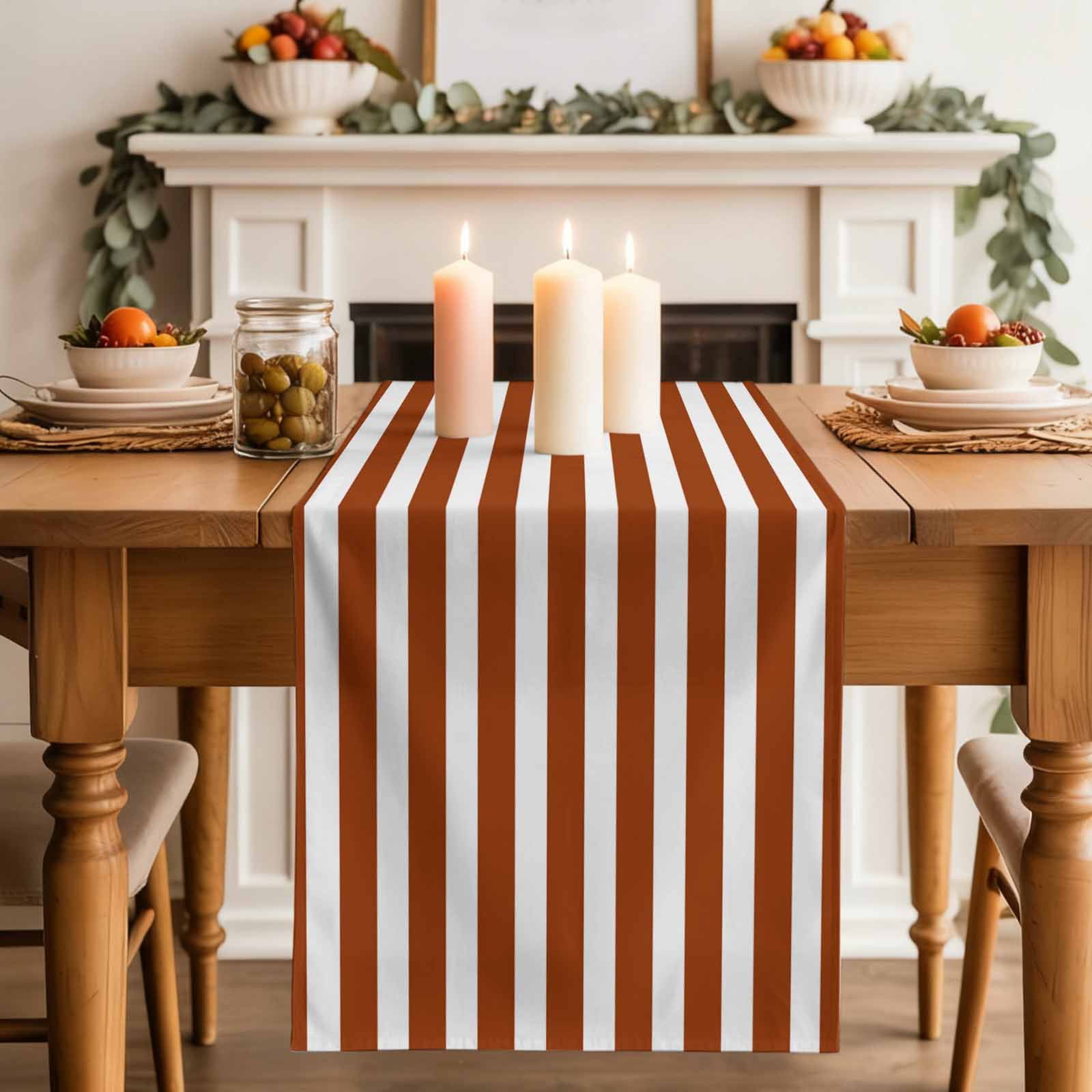 Burnt Orange Stripe Table Runner, Farmhouse Striped Abstract Art Washable Cotton Linen Table Runners 60 Inches Long, Dresser Scarf Runner for Coffee/TV Stands/Kitchen/Cabinets 13''x60''