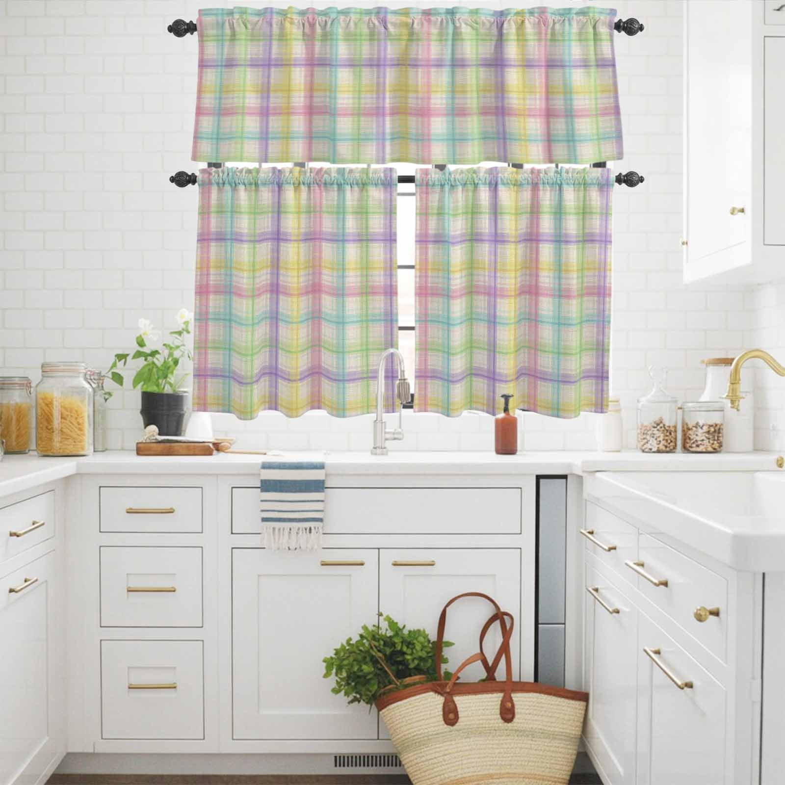 3 Piece Rainbow Plaid Kitchen Curtain Valance and Tiers Set Yellow Pink Blue Green Purple Plaid Linen Texture Rod Pocket Tier Curtain 36 Inch Small Window Drapes for Living Room Bedroom Cafe Decor