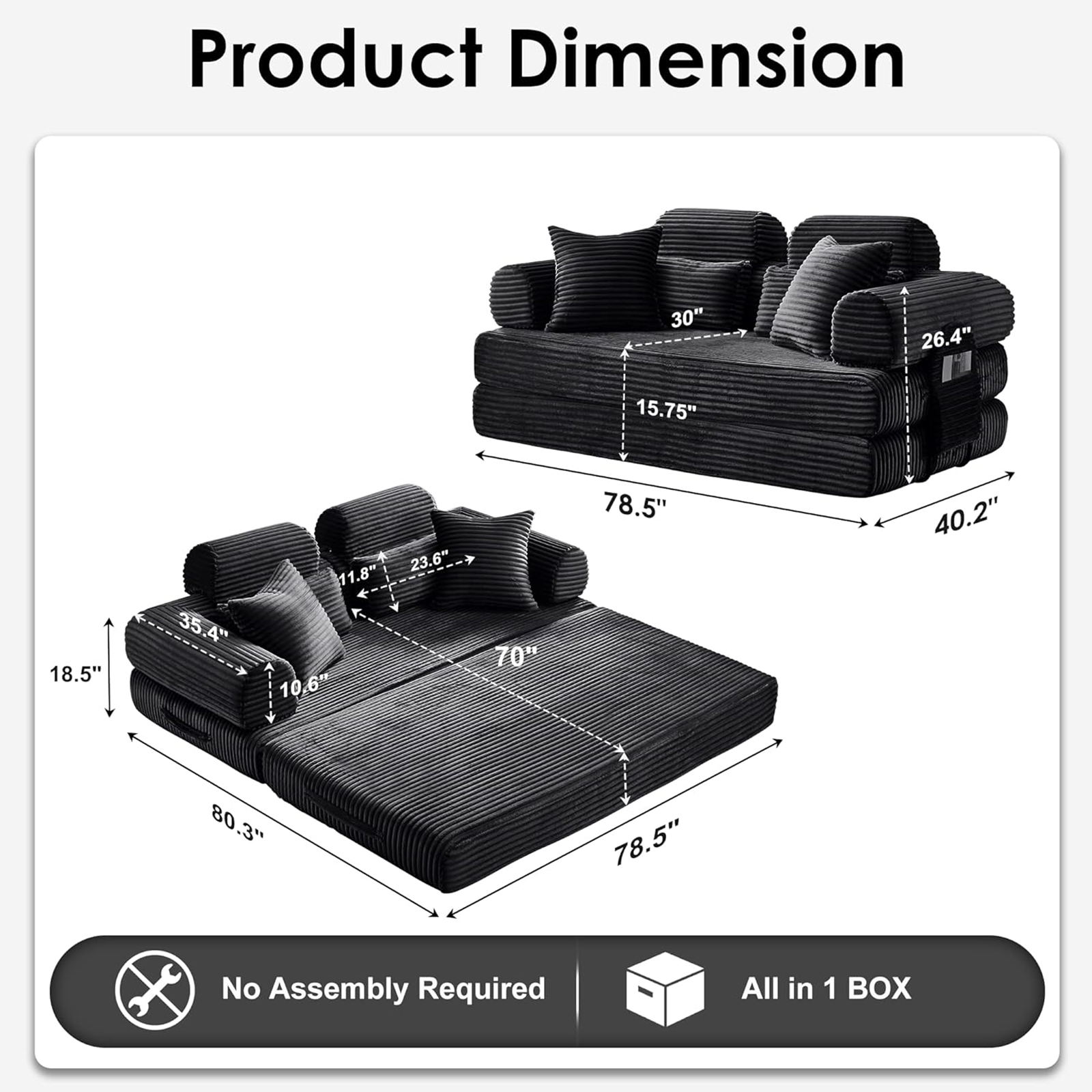 Xiweot Cloud Sectional Couch for Living Room, Memory Foam Sectional Sofa with Deep Seat, Corduroy Floor Mattress Couch, No Assembly Required (Black)