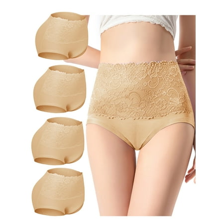 

Womens High Waist Cotton Underwear Solid Color Lace Brief Panties 4 Pack Full Cover Recovery Soft Stretch Panties Underwear