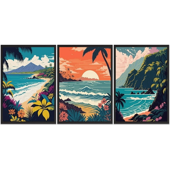 3Pcs Hawaii Travel Wall Art Retro Exotic Tropical Canvas Posters Ocean Beach Prints Waves Landscape Pictures Vintage Mountain Paintings Wall Decor For Bedroom Living Room Artwork Framed