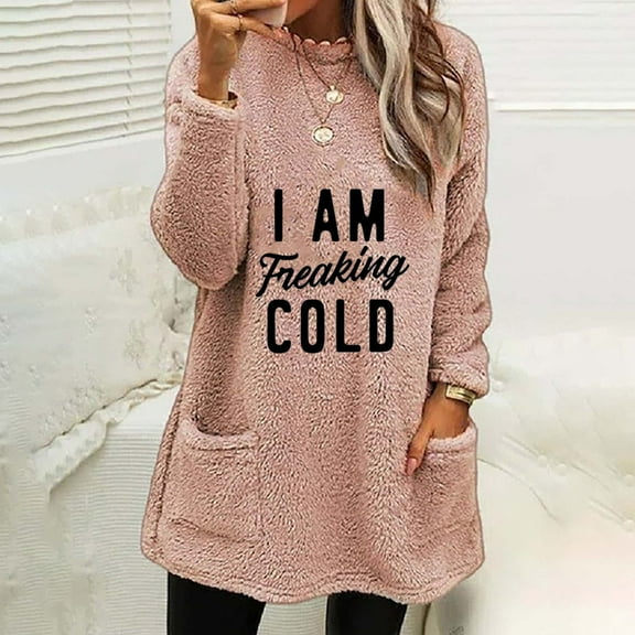 AOOCHASLIY Christmas Tops Women's Round- Neck and Winter Loose Print Pocket Warm Long Sleeve Blouse Tops