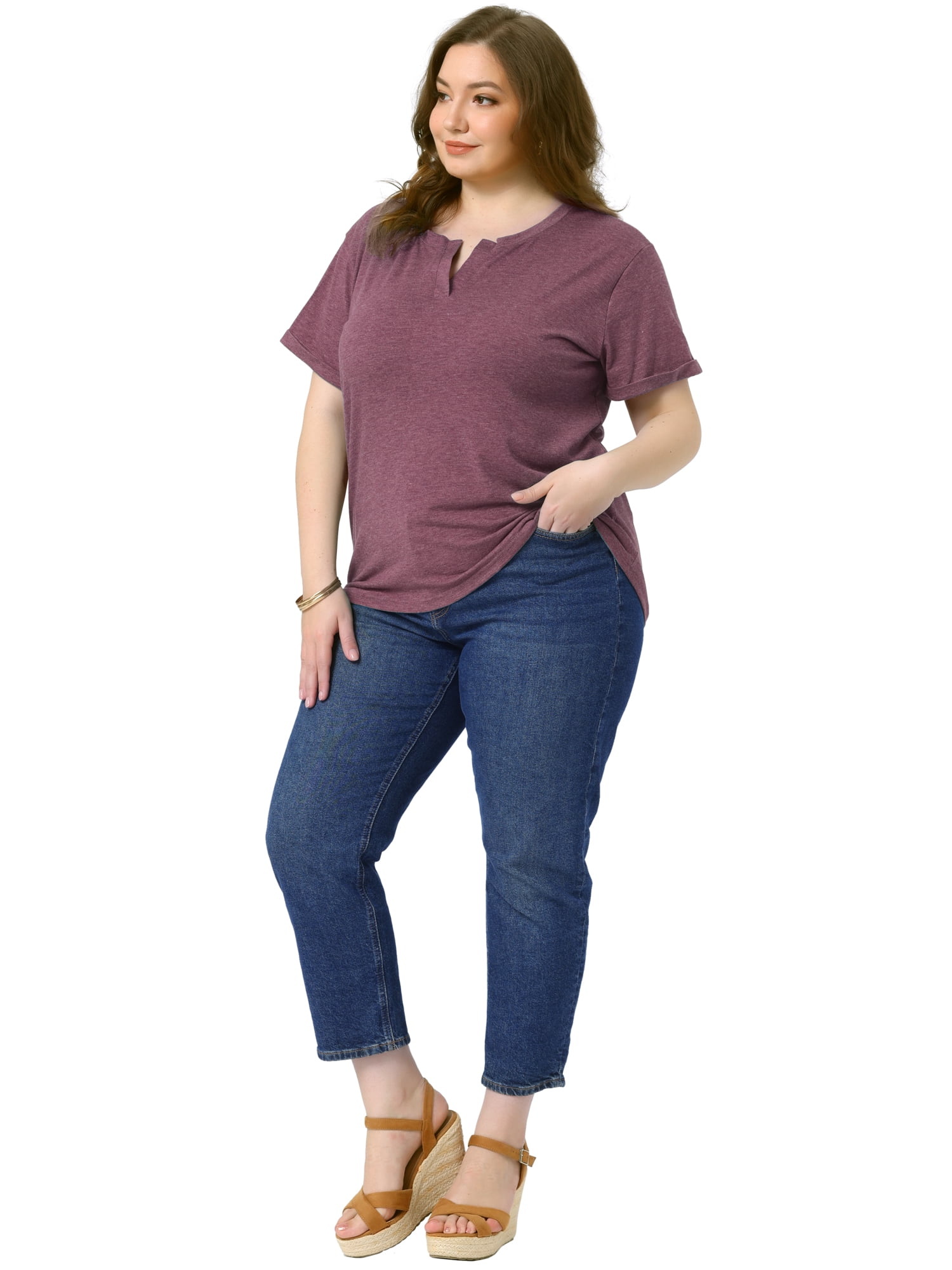 DARING DIVA Women's Plus Short Sleeve V Neck Summer Tees Burgundy 2X