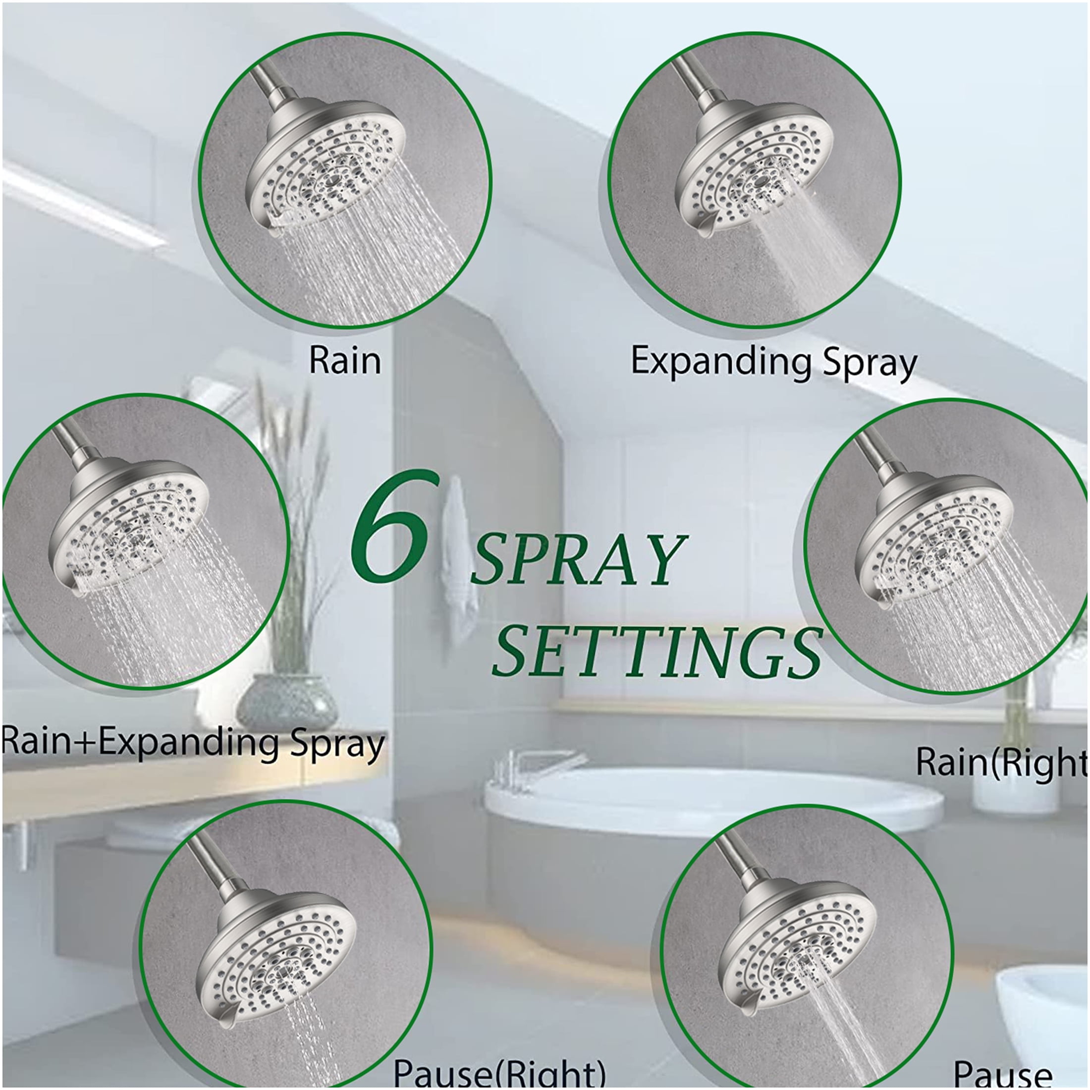 JERFIT 5 Inch High Pressure Rain Shower Head, 6-Spray Adjustable Fixed Showerhead with Anti-Clog Nozzles, Brushed Nickel, Easy Install, Low Flow